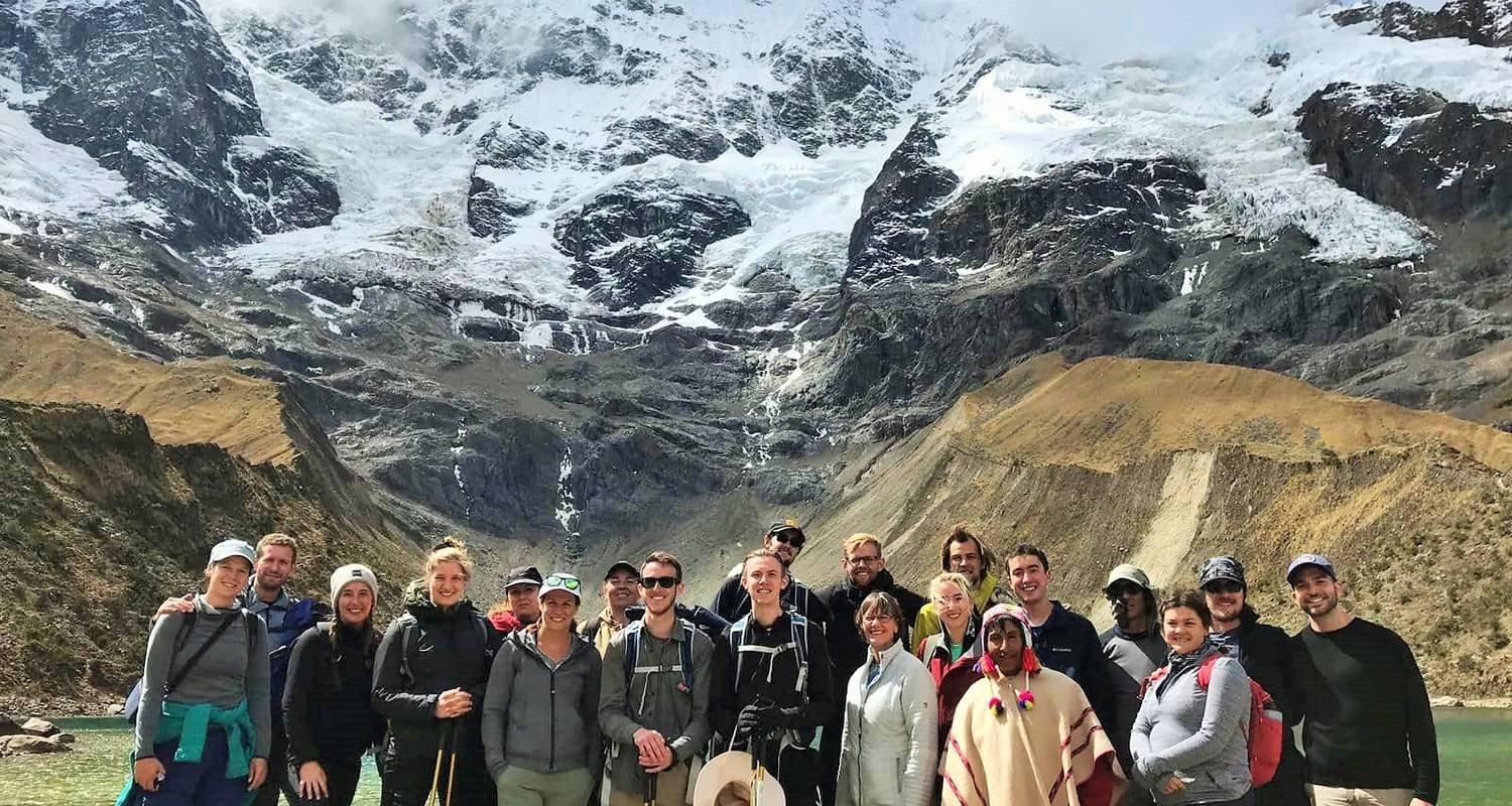Salkantay Trek — Snow-capped mountain and trekkers on the trail to Machu Picchu, Peru